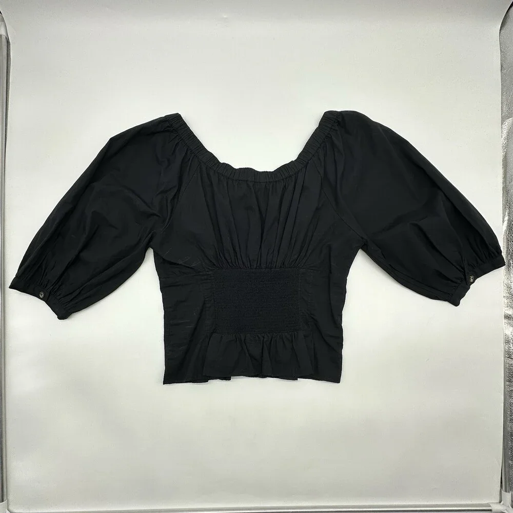 Free People Teagan Size Medium Black Puff-Sleeve On/Off Shoulder Peplum Blouse